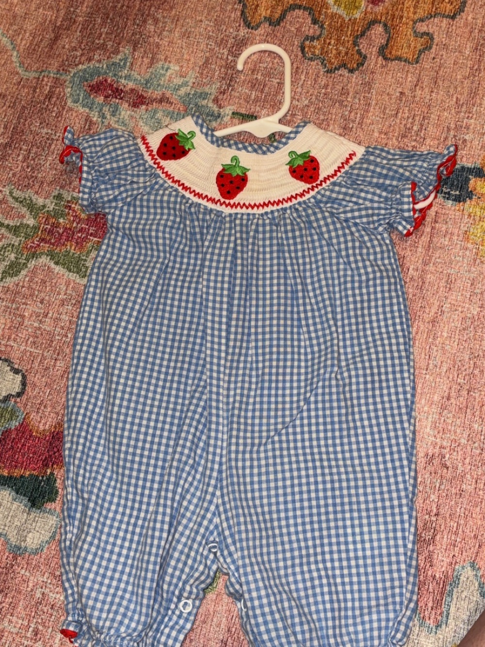Blue Gingham Strawberry Smocked Baby One-Piece